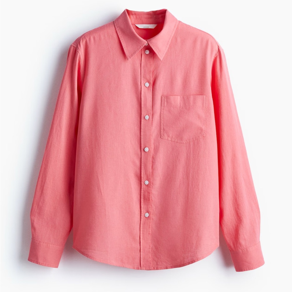 H&M Pink Linen-Blend Casual Button Down Shirt